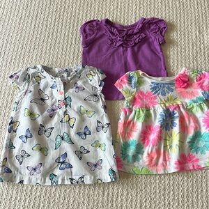 Lot of 3, girls 6 mo, summer tops, butterfly, lilac solid & floral, 100% cotton